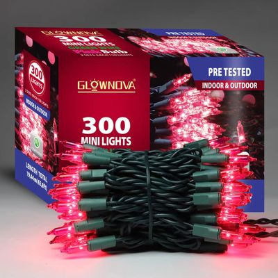 GLOWNOVA Green Wire, Pink Incandescent Bulb 300 Mini String Lights for Indoor Christmas Tree Garland Birthday Wedding Party Festival Decoration