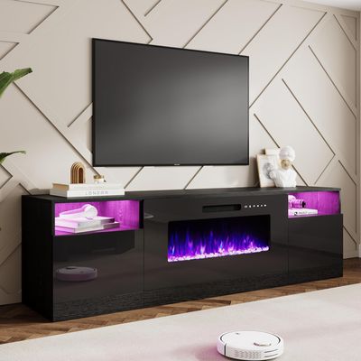 AMERLIFE 80" Fireplace TV Stand for TVs up to 90", Modern TV Console with 40" Electric Fireplace & High Gloss Storage Cabinets, Media Entertainment Center with 12 Colors LED Lights, Black
