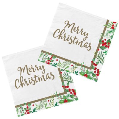 Christmas Party Supplies, Disposable Paper Napkins for Merry Christmas and Holiday Party Decorations, 50 Pack, Seasonal Holly Design