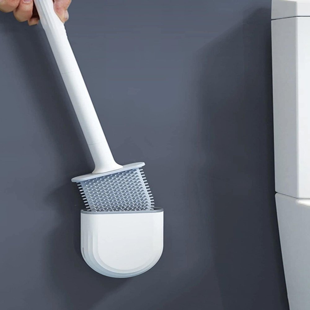 Silicone Toilet Brush, Silicone Toilet Brush Wc Cleaner Toilet Brush with Holder Flat Head Flexible Soft Bristles Brush Bathroom Accessory Gap Cleaning