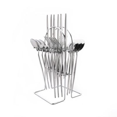 24 PCS Hanging Silverware Sets with Holder, Uniturcky Silver Stainless Steel Eating Utensils Set with Flatware Rack, 6 x Dinner Fork, 6 x Table Knife, 6 x Soup Spoon, 6 x Teaspoon, 1 x Cutlery Rack
