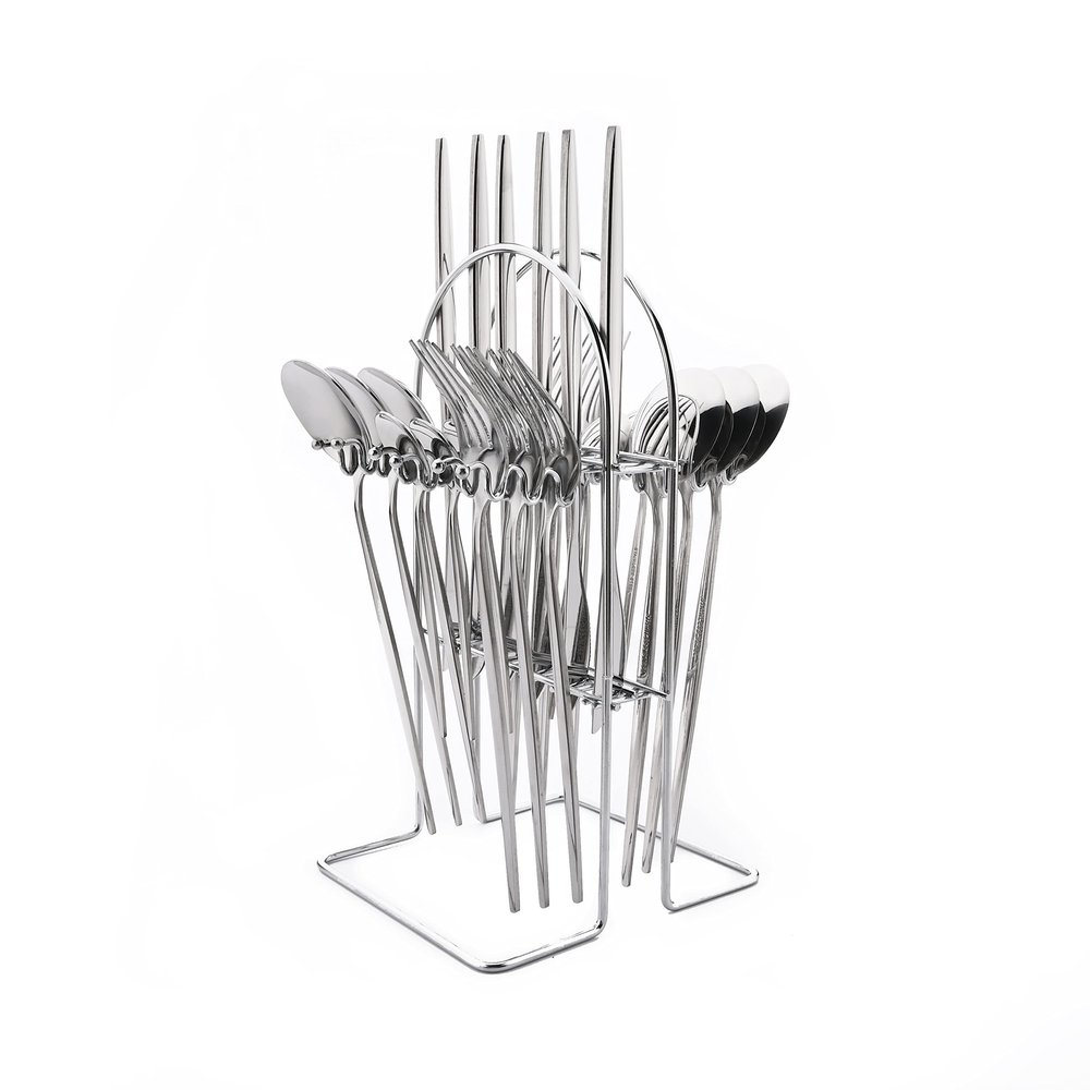 24 PCS Hanging Silverware Sets with Holder, Uniturcky Silver Stainless Steel Eating Utensils Set with Flatware Rack, 6 x Dinner Fork, 6 x Table Knife, 6 x Soup Spoon, 6 x Teaspoon, 1 x Cutlery Rack