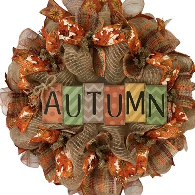 Autumn Burlap Wreath Handmade Deco Mesh. Available in 24 inch and 28 inch diameters