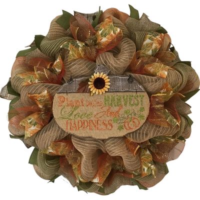 Autumn Burlap Wreath Inspirational Wood Pumpkin Handmade Deco Mesh. Available in 24 inch and 28 inch diameters.