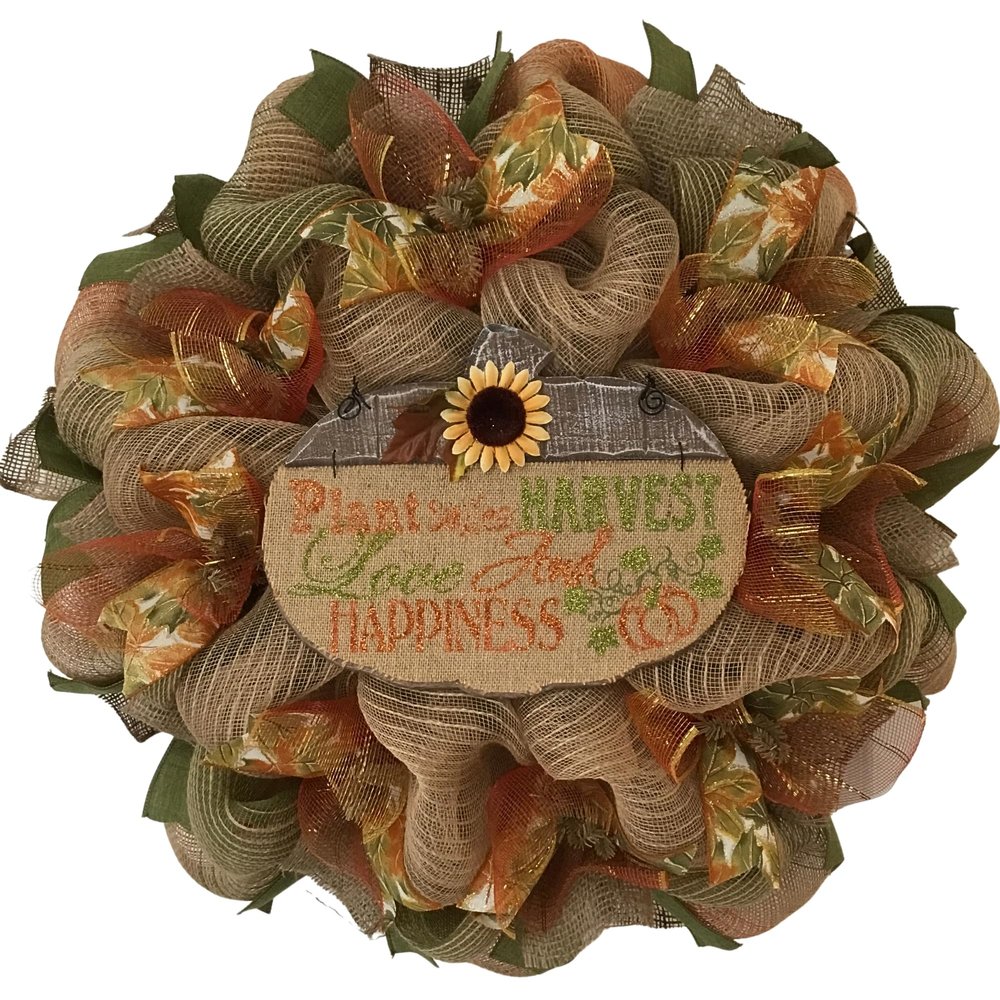 Autumn Burlap Wreath Inspirational Wood Pumpkin Handmade Deco Mesh. Available in 24 inch and 28 inch diameters.