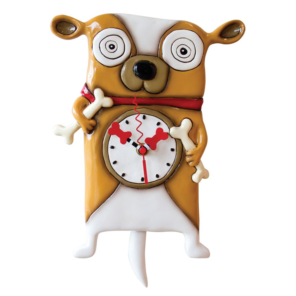 Enesco Allen Designs Roofus The Dog Holding Bones Sculpted Pendulum Wall Clock, 12 Inch, Multicolor