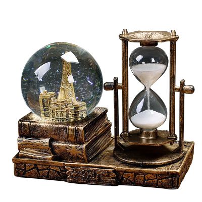 LED Music Snow Globe with Hourglass Vintage Castle Paris Eiffel Tower Home Decoration for Living Room Bedroom Book Shelf TV Cabinet Desk Table Top Decor Centerpieces Ornaments (B - Brass)