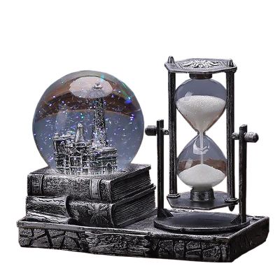 LED Music Snow Globe with Hourglass Vintage Castle Paris Eiffel Tower Home Decoration for Living Room Bedroom Book Shelf TV Cabinet Desk Table Top Decor Centerpieces Ornaments (B - Silver)