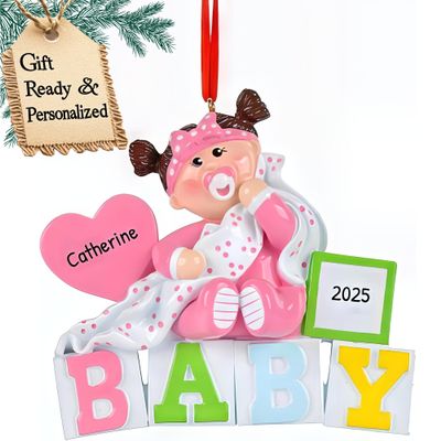 3D Personalized Babys First Christmas Ornament 2025 Girl | Baby's First Christmas Ornament 2025 Baby Ornaments for Xmas Tree My 1st Xmas Ornaments for Couples New Parents - Baby Girl on Letter Blocks