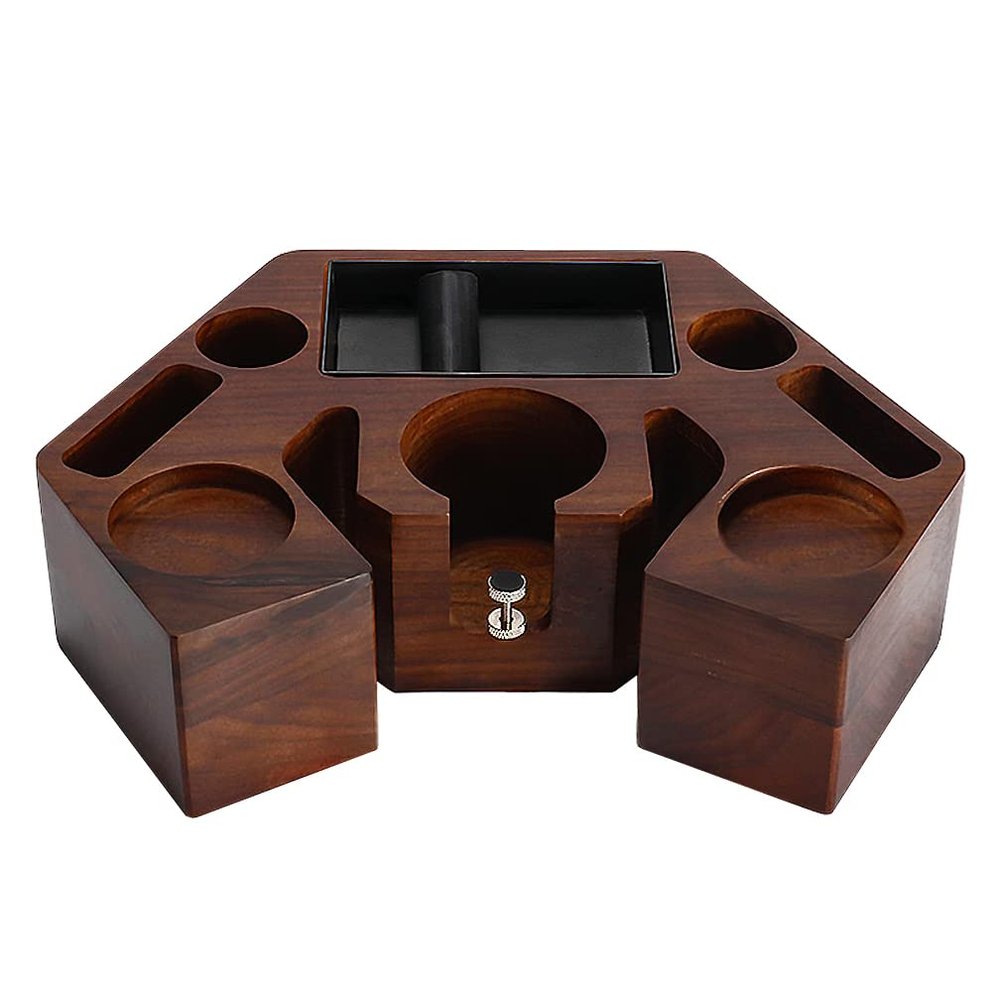 Adbzen Coffee Filter Tamper Holder Wooden Espresso Machine Coffee Bar Accessories 8 in 1 Espresso Tamper Mat Stand Holder Tamping Station with knock box Walnut (58mm)