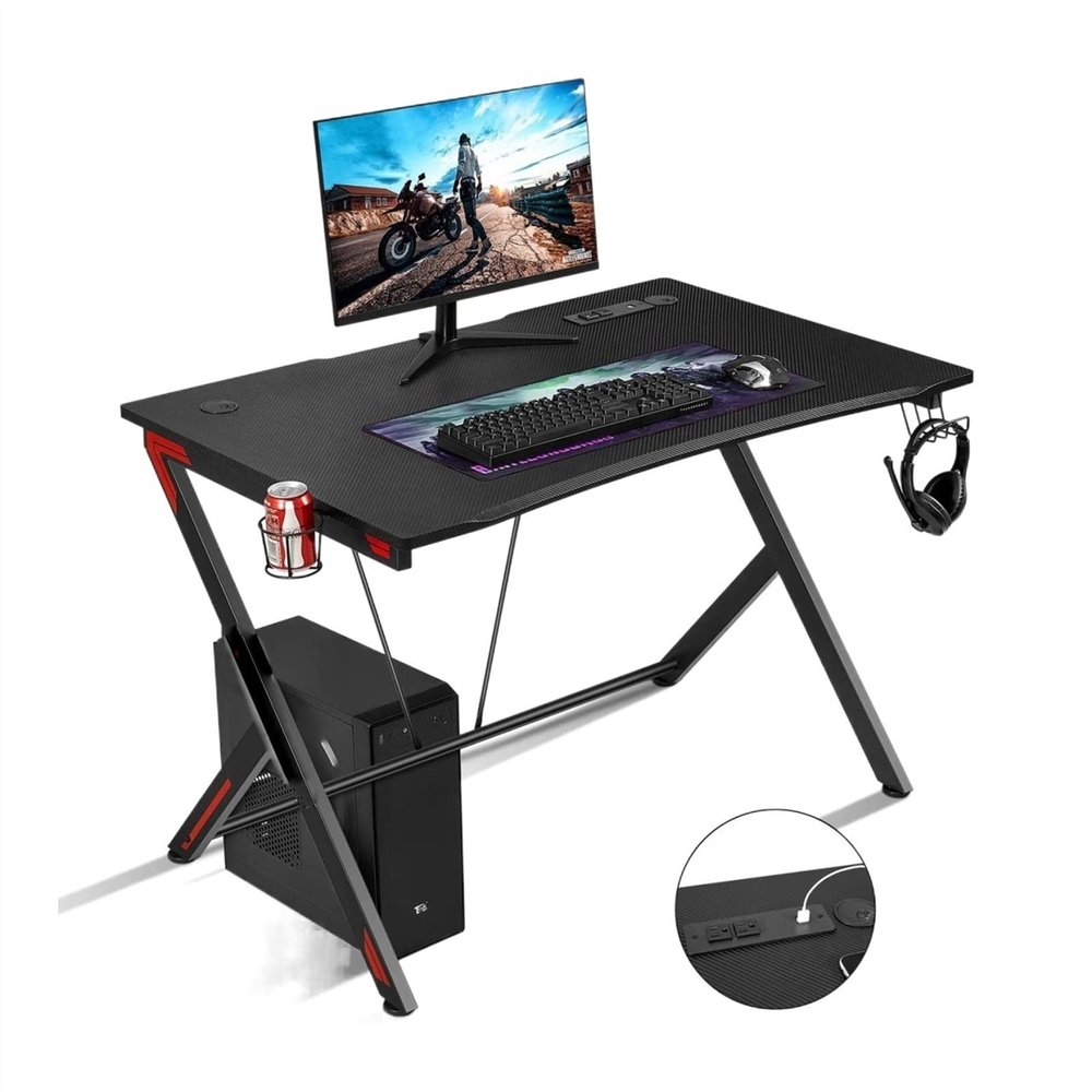 TOMYEUS PC Desk 45'' Large Gaming Desk PC Laptop Desk with K Shape Adjustable Feet Ergonomic Gamer Workstation with Cup Holder and Headphone Hook Home Office Work Desk