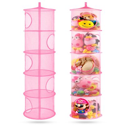 coastal rose 2Pcs Hanging Stuffed Animal Storage Hammock Net 5 Tiers, Pink