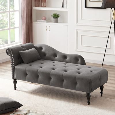 Majnesvon Upholstered Velvet Rolled Arm Chaise Lounges Indoor Chair, 58.26" Velvet Chaise Lounge with Nailhead Trim, with 1 Pillow for Living Room Bedroom Office