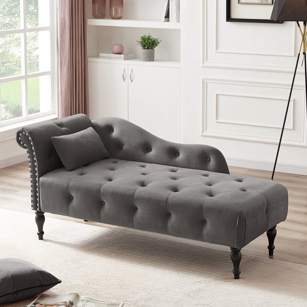 Majnesvon Upholstered Velvet Rolled Arm Chaise Lounges Indoor Chair, 58.26" Velvet Chaise Lounge with Nailhead Trim, with 1 Pillow for Living Room Bedroom Office
