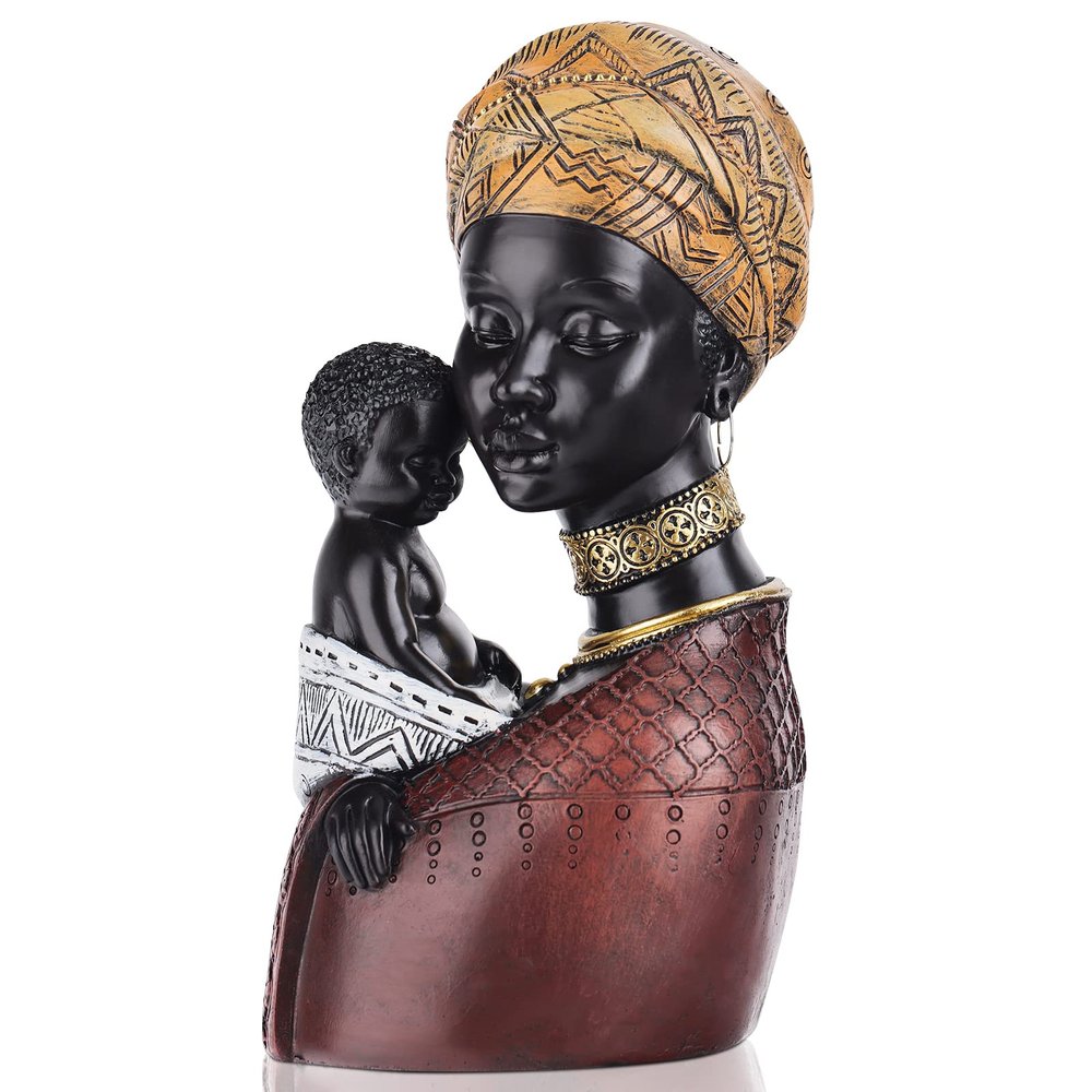 African Art Mother and Child Figurine - Black Woman Bust Statue for Home Decor - Resin Sculpture Accent for Living Room, Office, Desktop