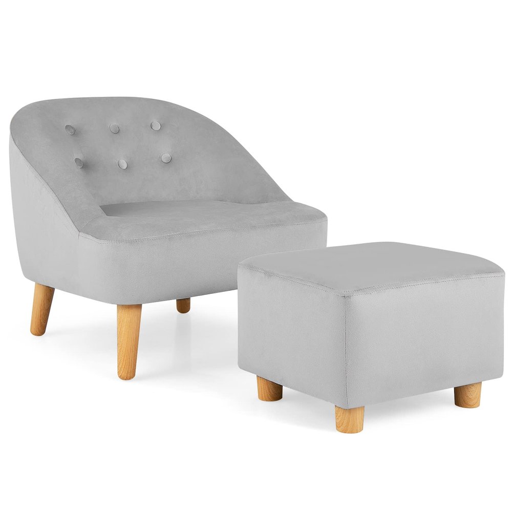 Costzon Kids Couch with Ottoman, Children Sofa Toddler Chair w/Baby Velvet Surface, Children Armchair for Play Room, Nursery, Kindergarten, Chlidren Sofa Gifts for 3-5 Years Old Boys Girls (Grey)