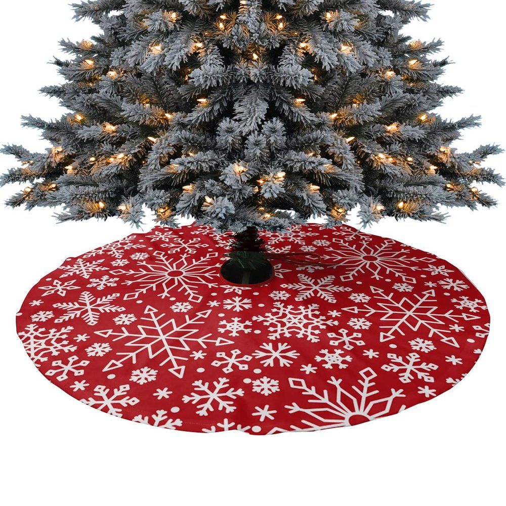 2022 Christmas Tree Skirt, White Snowflake Filling Xmas Tree Ornaments Round 48 Inch, Red Merry Christmas Xmas Tree Mat for Christmas Decorations Holiday Party