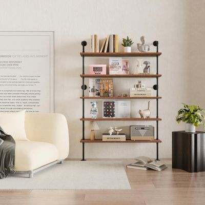 Anynice Industrial Ladder Shelves, Wall Mounted Rustic Bookshelf, Retro Wood Metal Pipe Industrial Shelves (Weathered Brown, 5 Tier - 10" D x 48" W x 70" H)