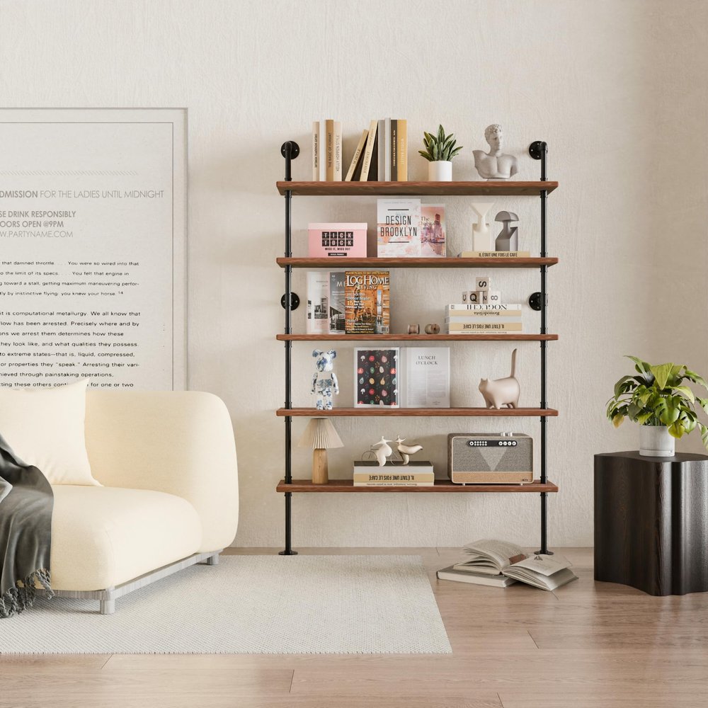 Anynice Industrial Ladder Shelves, Wall Mounted Rustic Bookshelf, Retro Wood Metal Pipe Industrial Shelves (Weathered Brown, 5 Tier - 10" D x 48" W x 70" H)