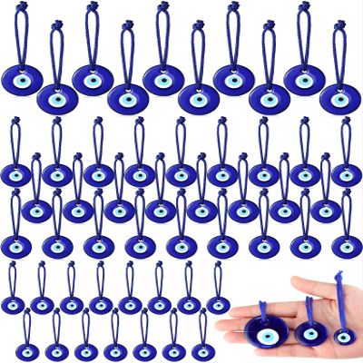 Jexine 50 Pcs Turkish Blue Evil Eye Beads Charms Evil Eye Pendants Crafting Glass Beads Wall Car Mirror Hanging Decor with Ropes for Home Decorative Ornaments Keychain Jewelry (1.6''/1.2''/1'')