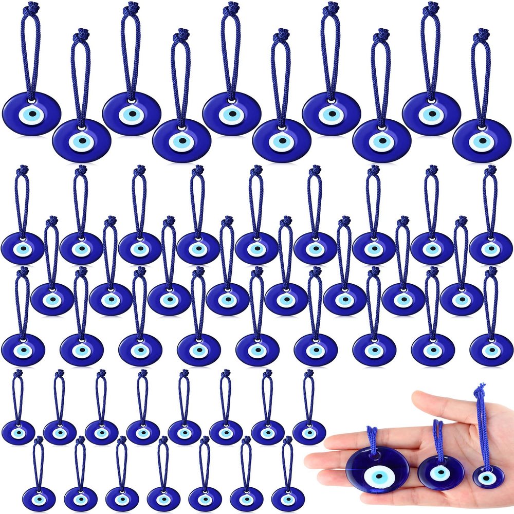 Jexine 50 Pcs Turkish Blue Evil Eye Beads Charms Evil Eye Pendants Crafting Glass Beads Wall Car Mirror Hanging Decor with Ropes for Home Decorative Ornaments Keychain Jewelry (1.6''/1.2''/1'')