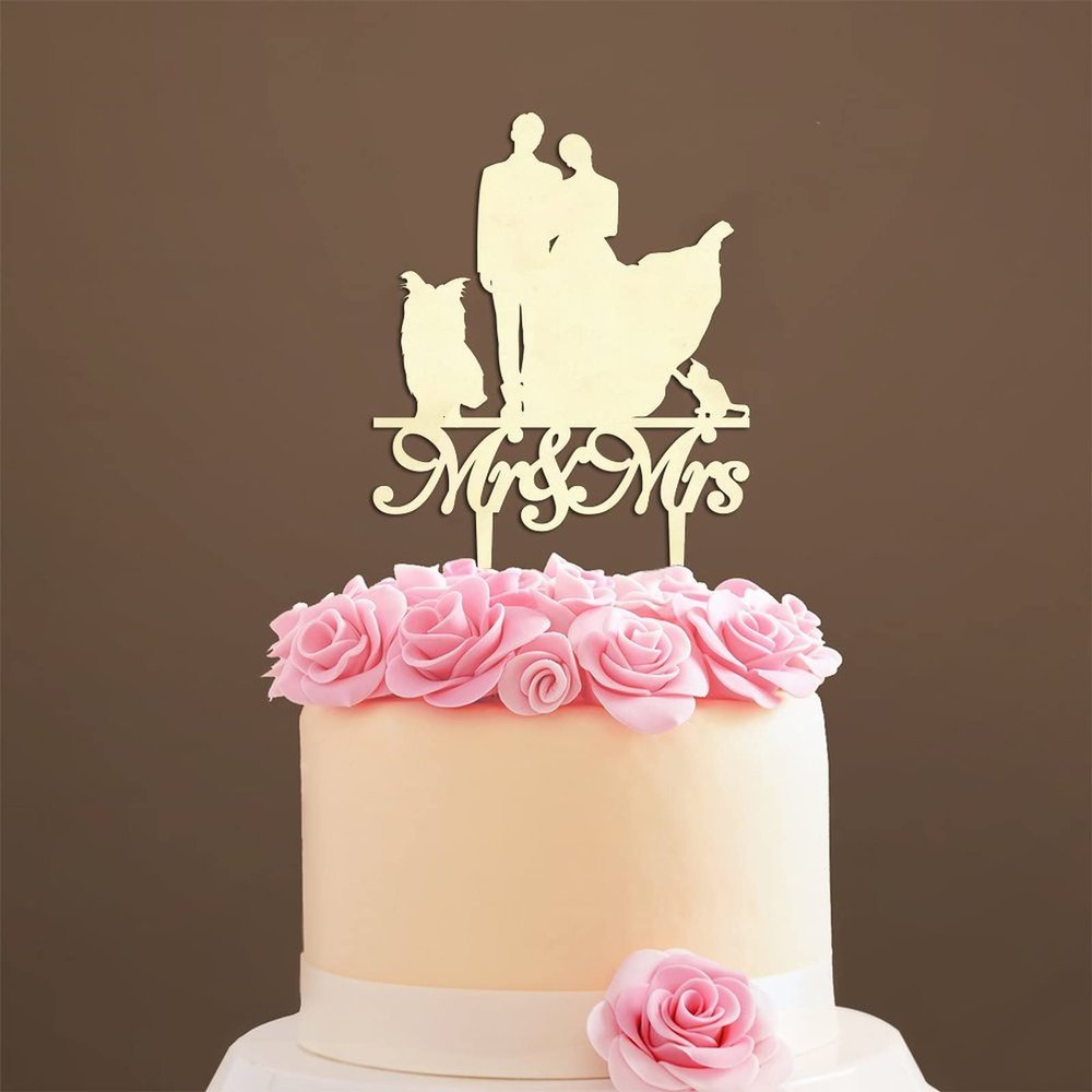 Bride And Groom Cake Topper with Pet, Mr And Mrs Cake Topper, Wood Cake Topper for Wedding, Custom Cake Topper, Funny Cake Toppers for Wedding