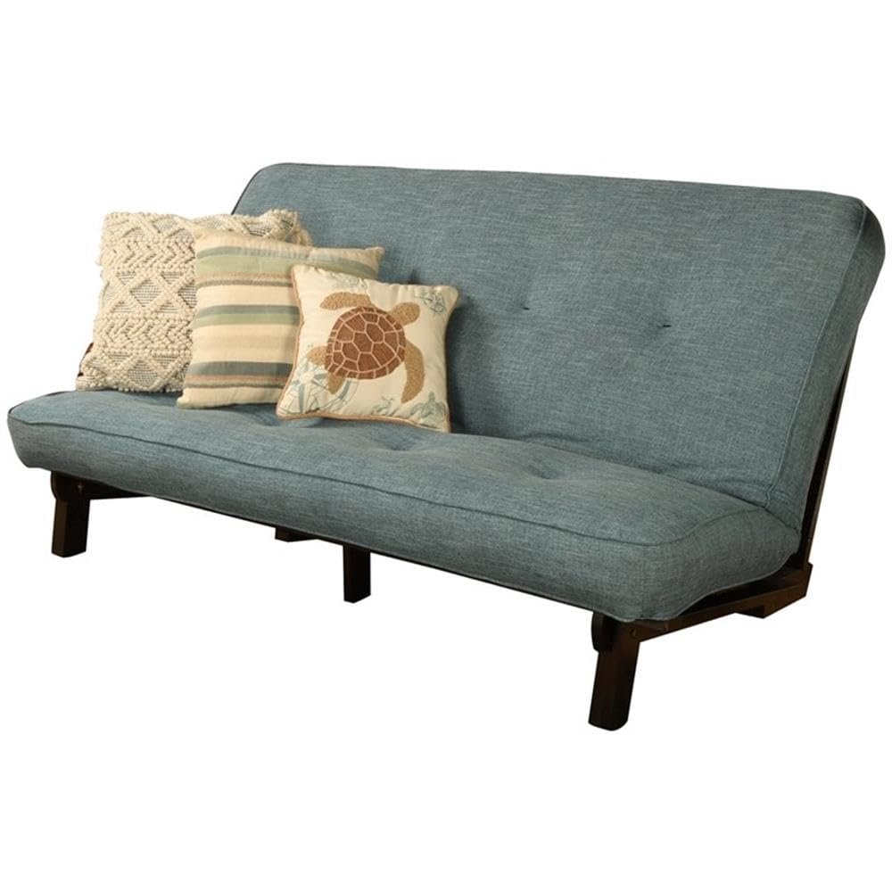 Kodiak Furniture Carson Full Size Futon Frame and Mattress Set - Java Brown Finish Wood Futon Frame with Mattress Included in Linen Aqua Color
