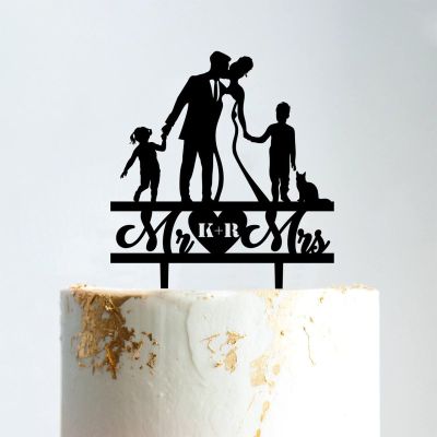 Couple Silhouette with Kids Cake Topper, Personalized Cake Topper, Family Wedding Bride And Groom Cake Topper, Black Acrylic Cake Topper, Couple Wedding Decoration