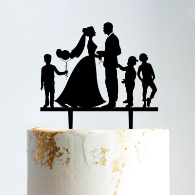 Married Couple Wedding Cake Topper with Kids, Personalized Cake Topper, Family Wedding Bride And Groom Cake Topper, Black Acrylic Cake Topper, Couple Wedding Decoration