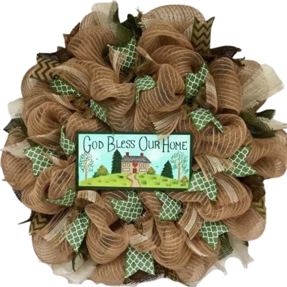 God Bless Our Home Handmade Deco Mesh Wreath