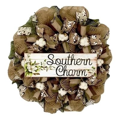 Spring Wreath, Luxury Handmade - Southern Charm Cotton Blossoms Front Door Decor, 24 or 28 Inch