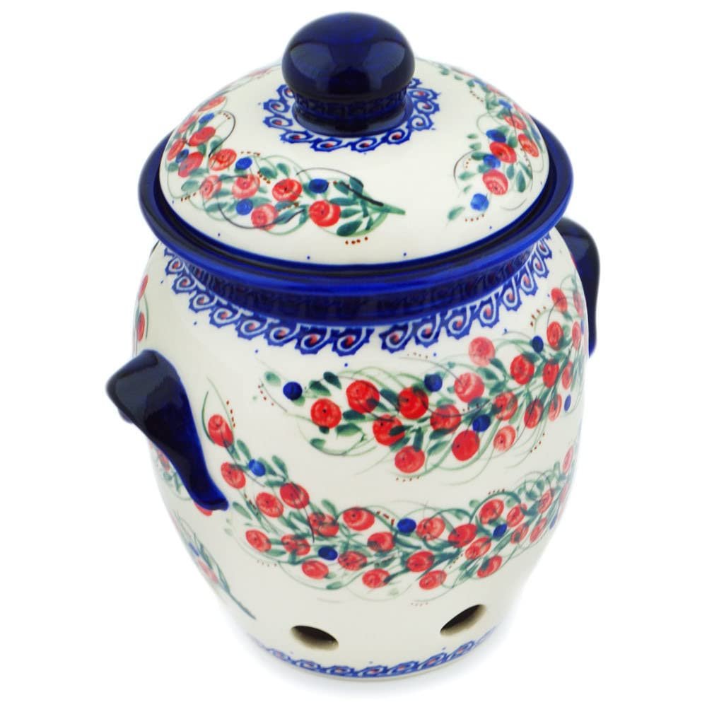 Polmedia Polish Pottery Garlic and Onion Jar UNIKAT - Patriotic Blooms Pattern Handmade in Boleslawiec Poland + Certificate of Authenticity