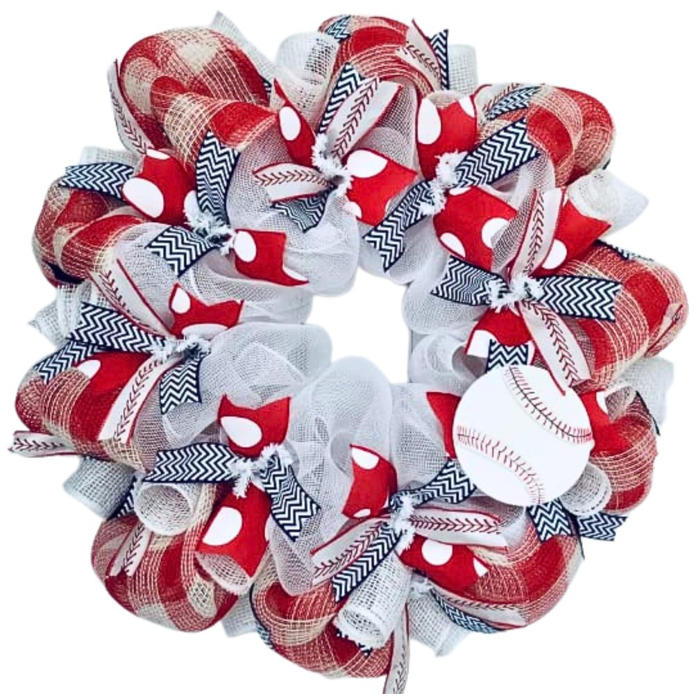Custom Baseball Ribbon Wreath You Choose Colors for School or Little League or Your Team. Available in 24 inch and 28 inch diameters