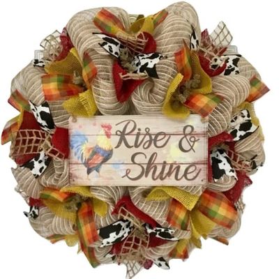 Rise and Shine Farmhouse Deco Mesh Handmade Wreath. Available in 24 inch and 28 inch diameters