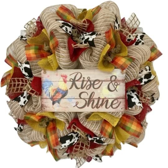 Rise and Shine Farmhouse Deco Mesh Handmade Wreath. Available in 24 inch and 28 inch diameters