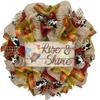 Rise and Shine Farmhouse Deco Mesh Handmade Wreath. Available in 24 inch and 28 inch diameters view 1