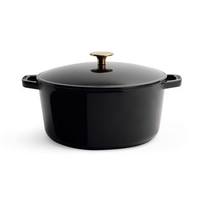 Kana Lifestyle Milo 5.5-quart Enameled Cast Iron Dutch Oven with Lid | Premium Casserole Cooking Pot | Enamel Coating Inside and Out | Oven Safe and Dishwasher Friendly (Gloss Black with Gold Knob)