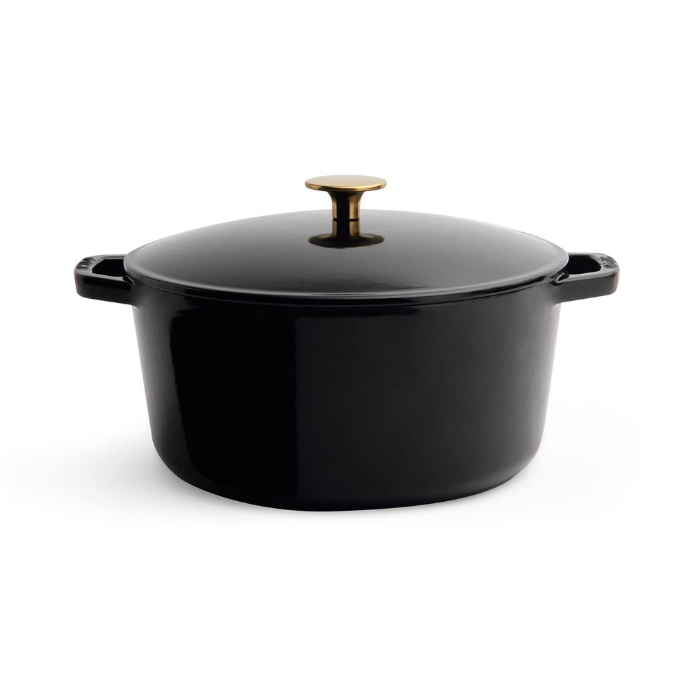 Kana Lifestyle Milo 5.5-quart Enameled Cast Iron Dutch Oven with Lid | Premium Casserole Cooking Pot | Enamel Coating Inside and Out | Oven Safe and Dishwasher Friendly (Gloss Black with Gold Knob)