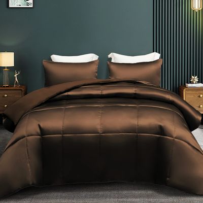 1 Piece Reversible Satin Queen Comforter Set Soft Satin Brown Comforter Queen (88'' x 92'') Lightweight All Seasons
