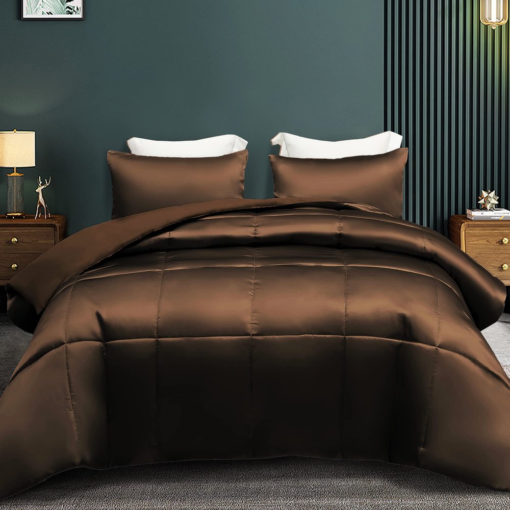 1 Piece Reversible Satin Queen Comforter Set Soft Satin Brown Comforter Queen (88'' x 92'') Lightweight All Seasons