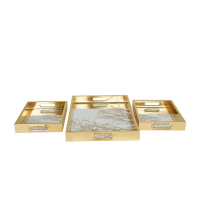 Deco 79 Plastic Geometric Living Room Decor Tray Mirrored Ottoman Tray, Set of 3 Serving Tray 18", 11", 11" W, Gold