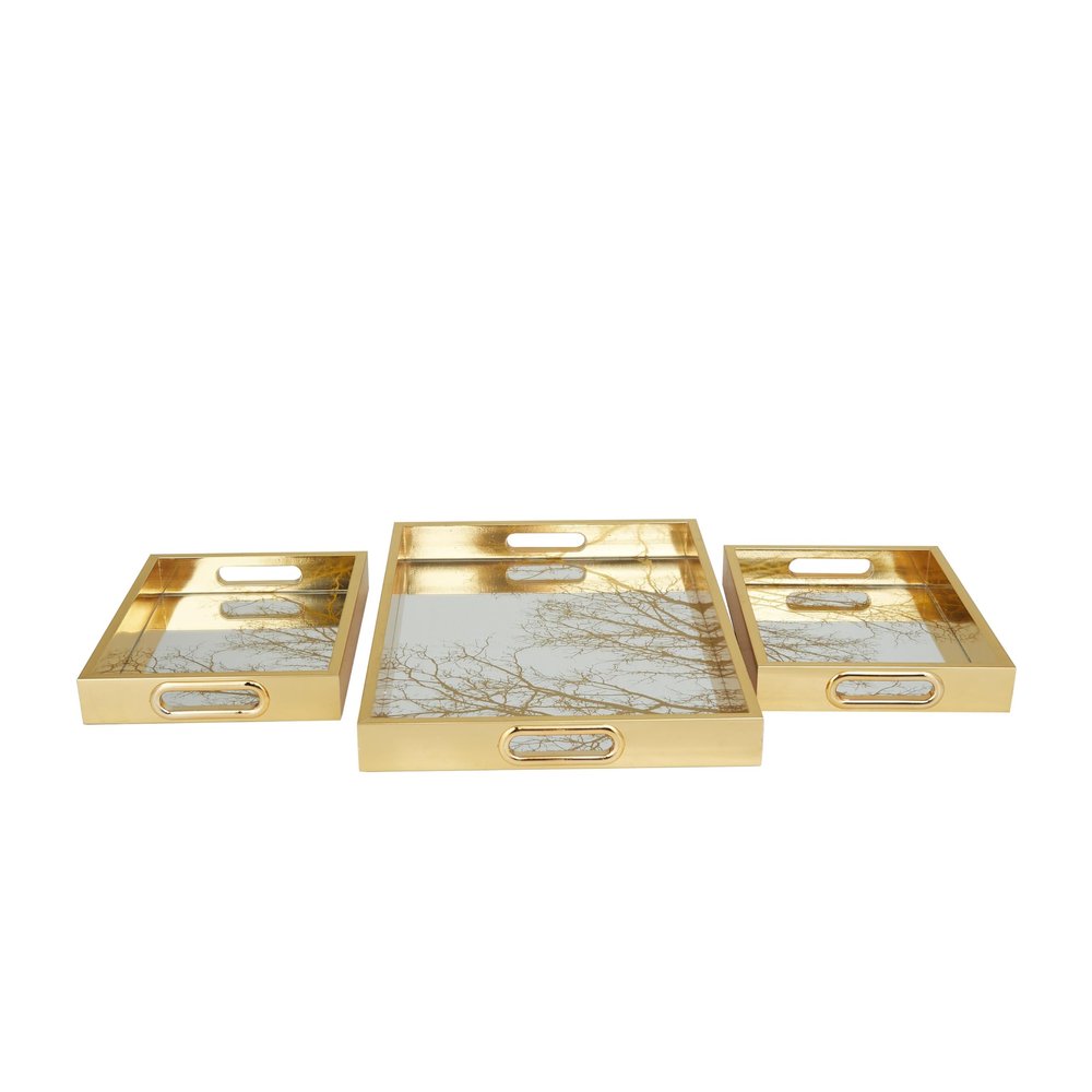 Deco 79 Plastic Geometric Living Room Decor Tray Mirrored Ottoman Tray, Set of 3 Serving Tray 18", 11", 11" W, Gold