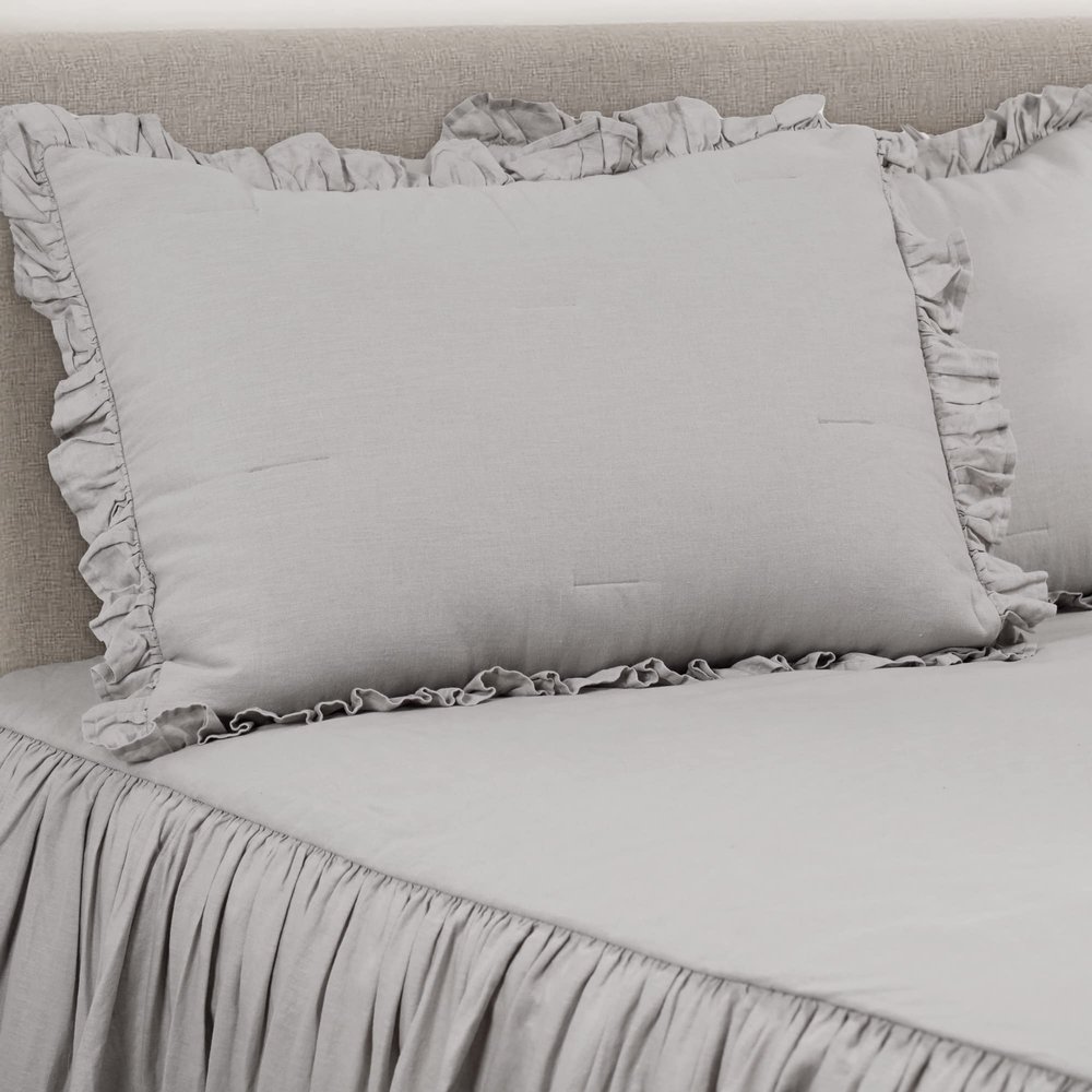 Lush Decor Belgian Flax Linen Blend Bedspread Queen Size 3 Piece Set Full/Queen Gray - Ruffle Bedding Set Queen Bedspread - Farmhouse Decor