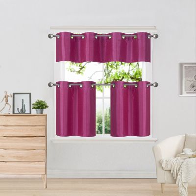 1 Set Blackout Faux Silk Window Small Curtain Valance and Curtain Tier Grommets Included Home Decor K7 (Fuchsia Blush)