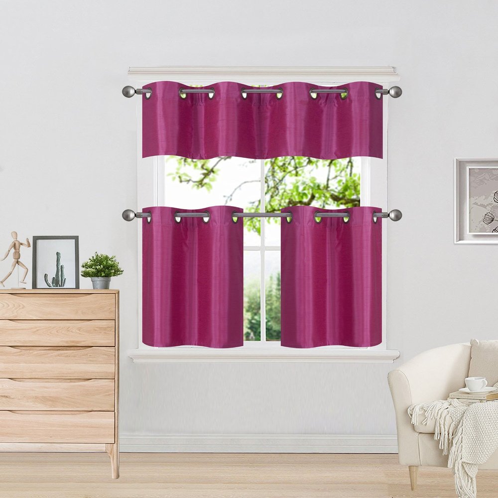 1 Set Blackout Faux Silk Window Small Curtain Valance and Curtain Tier Grommets Included Home Decor K7 (Fuchsia Blush)