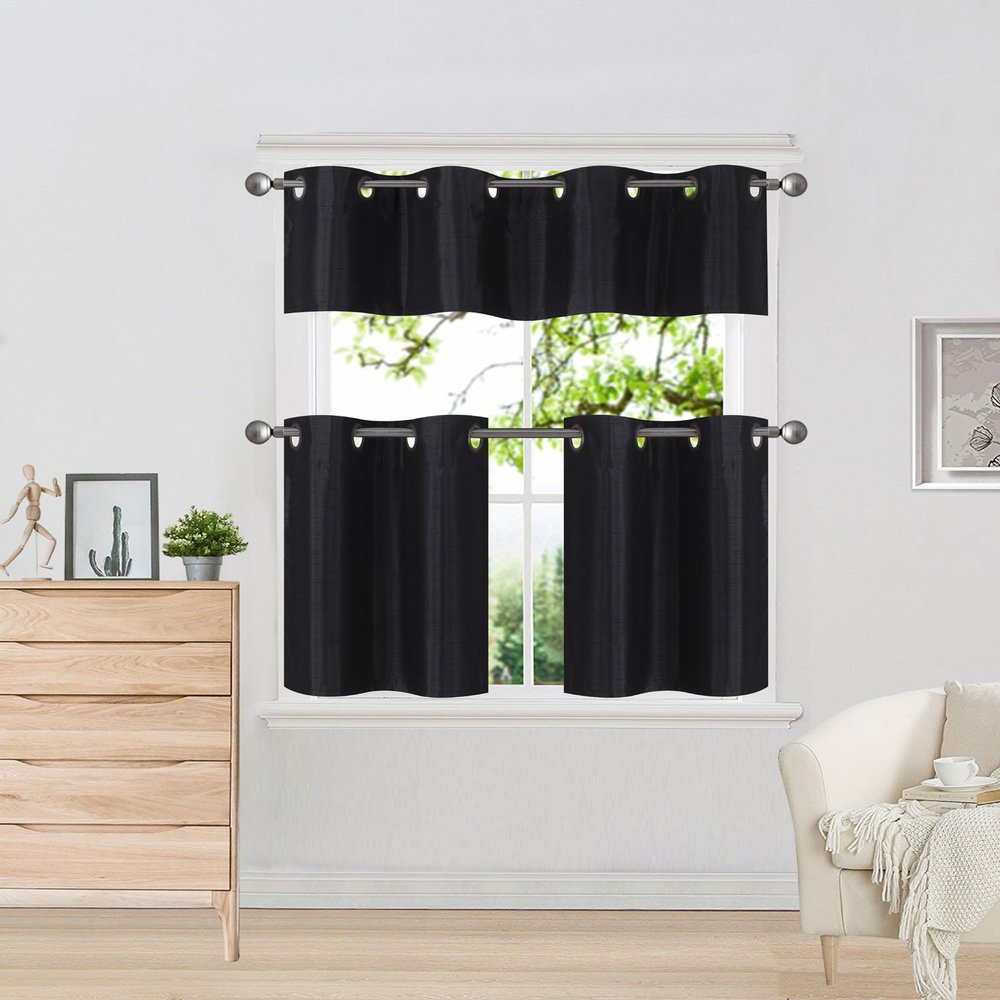 1 Set Blackout Faux Silk Window Small Curtain Valance and Curtain Tier Grommets Included Home Decor K7 (Black Onix)