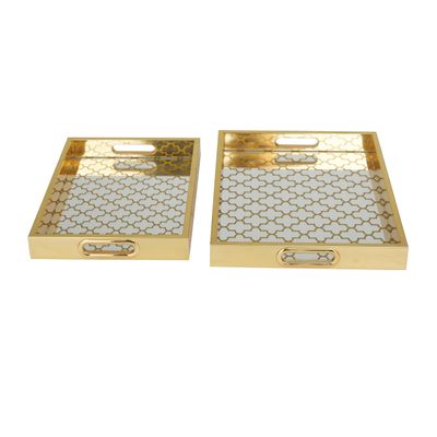 Deco 79 Plastic Geometric Living Room Decor Tray Mirrored Ottoman Tray, Set of 2 Serving Tray 16", 14" W, Gold
