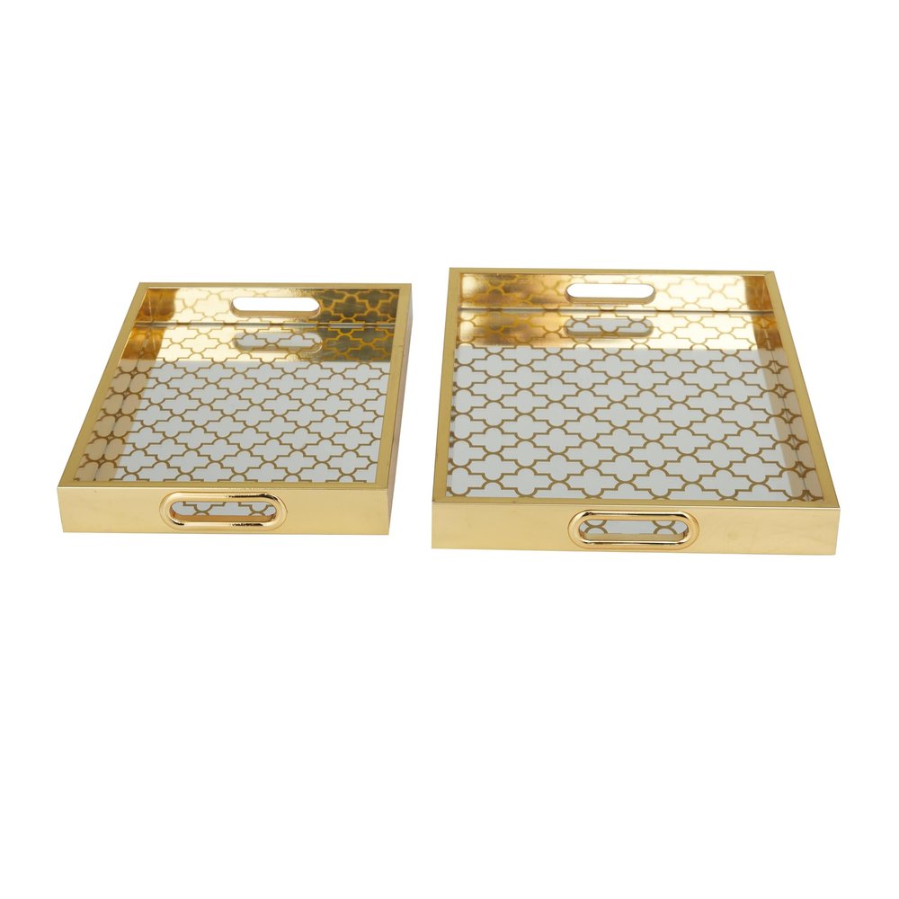 Deco 79 Plastic Geometric Living Room Decor Tray Mirrored Ottoman Tray, Set of 2 Serving Tray 16", 14" W, Gold