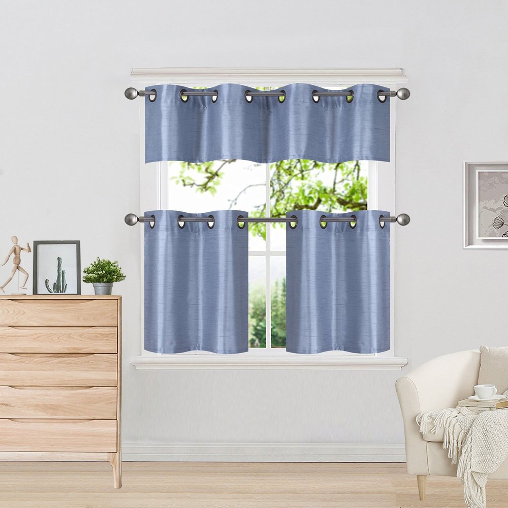 1 Set Blackout Faux Silk Window Small Curtain Valance and Curtain Tier Grommets Included Home Decor K7 (Slate Dust Blue)