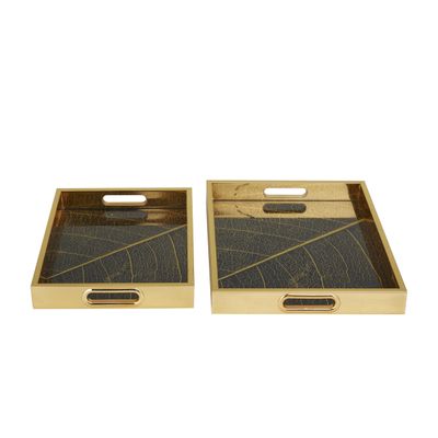 Deco 79 Plastic Geometric Living Room Decor Tray Ottoman Tray with Black Glass, Set of 2 Serving Tray 16", 14" W, Gold